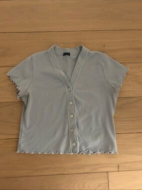 Brandy Melville Light Blue Short Sleeve Button Top with Lettuce Trim